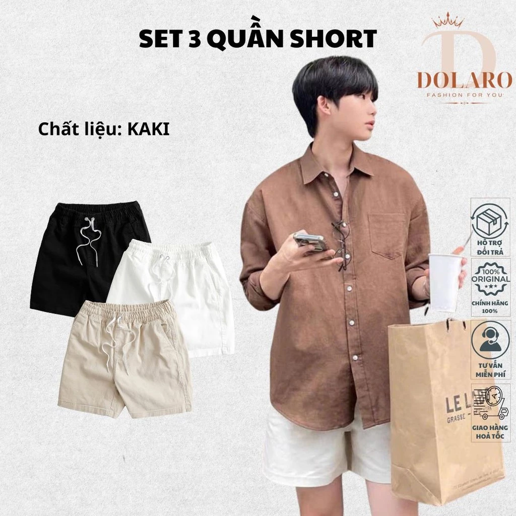 SET 3 Quần Đùi Nam Trắng Kaki Lưng Thun DOLARO Cao Cấp, Quần Short Nam Ngắn Mặc Nhà Dáng Cộc Thể Thao Phong Cách Boy Phố