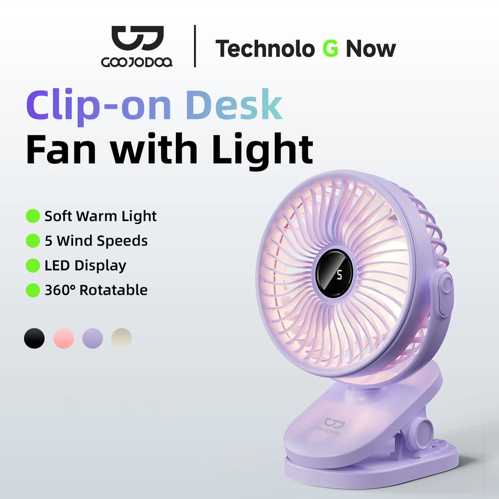 Quạt kẹp GOOJODOQ có đèn Năm tốc độ gió có thể điều chỉnh Chức năng tắt thời gian Thiết kế tiếng ồn thấp Pin lâu trôi
