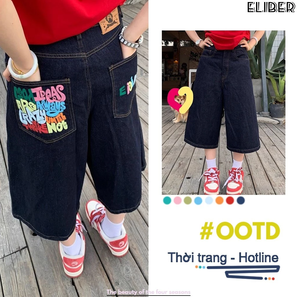 ELIBER- Quần Jeans Nữ 7 Phần Ống Rộng - In Màu Phong Cách Street-style Mỹ - Hàng Mới Thoải Mái