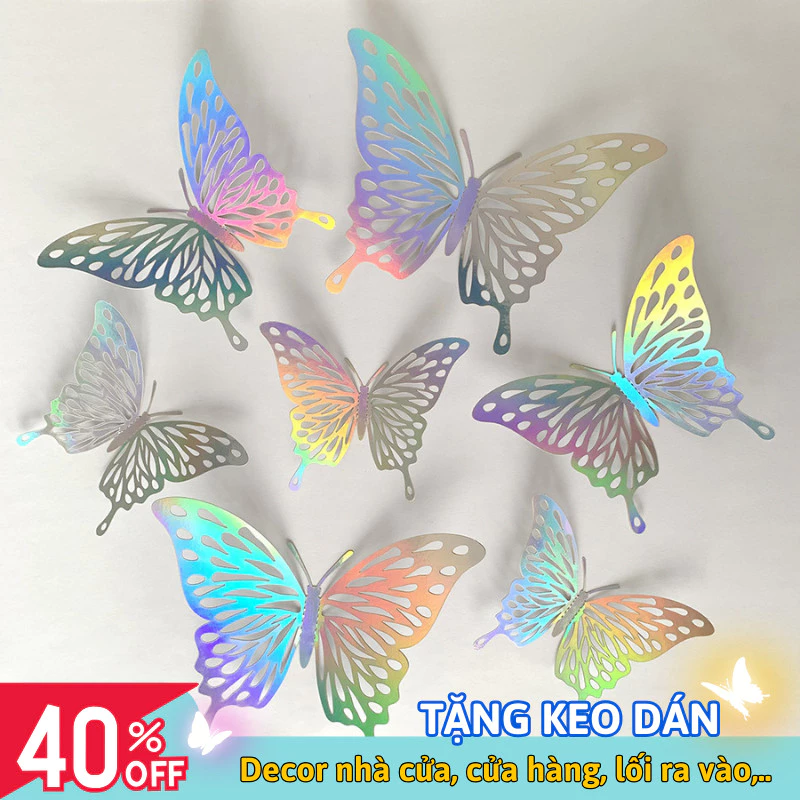 Set 12 Bướm Màu Bạc Dán Tường 3D MINT DECOR, Bộ Trang Trí Tiệc Cho Nhà Cửa Kèm Theo Keo Dán