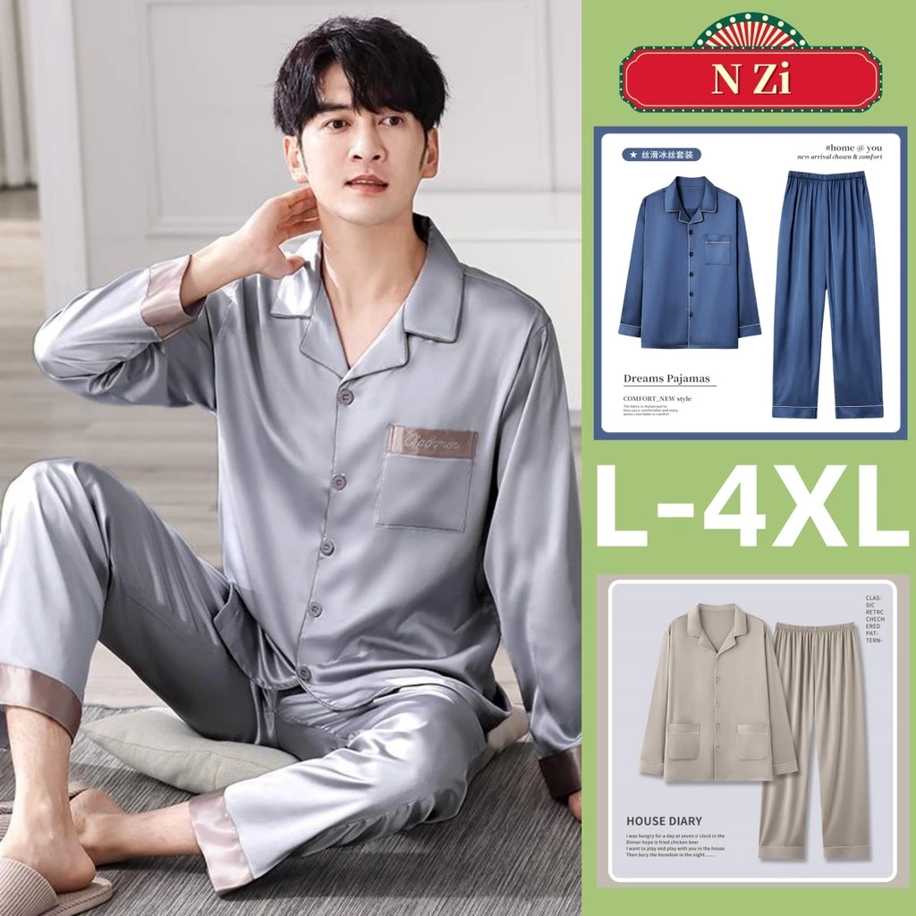 L-4xl Plus Kích Thước Bộ Đồ Ngủ Nam Lụa Satin Màu Trơn Đồ Ngủ Người Mùa Thu Đông Phiên Bản Hàn Quốc Dài Tay Bộ Đồ Ngủ Rời Loungewear