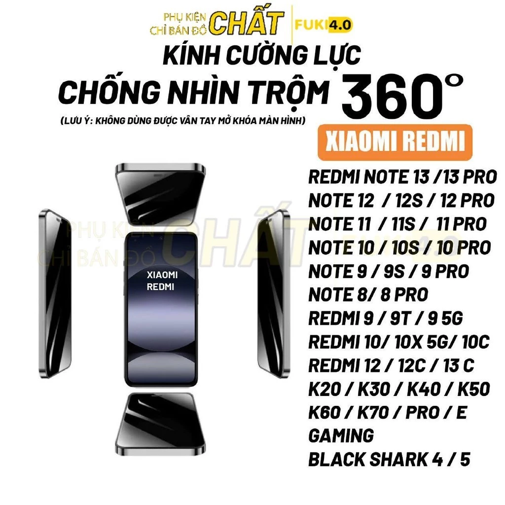 Kính cường lực Xiaomi Redmi chống nhìn trộm 360 độ Note 14 13 12 11 10 Pro 9s K40 K50 Gaming K60 13C 14C 12C 10C 14T 13T
