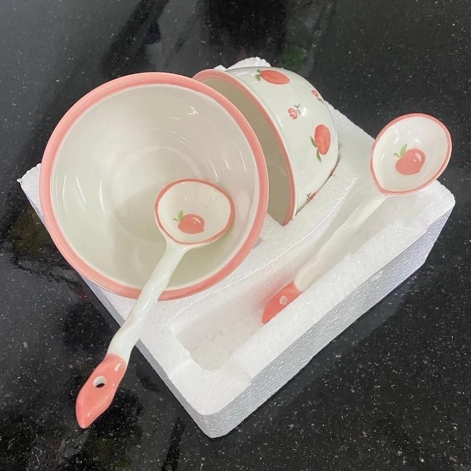 Bộ Bát Sứ Set 2 Bát Chén Kèm 2 Thìa Muỗng Sứ Hình Quả Đào Tiên Bát Ăn Dặm Cho Bé Dễ Thương