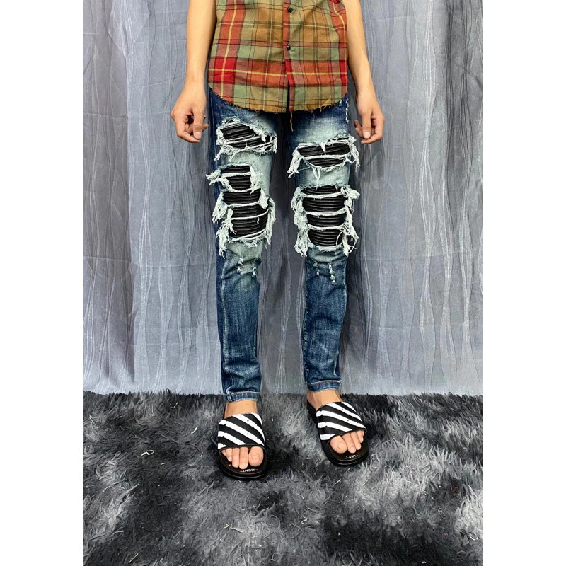 Quần jeans xanh 4cúc vá da đen QQ, vá may bo viền