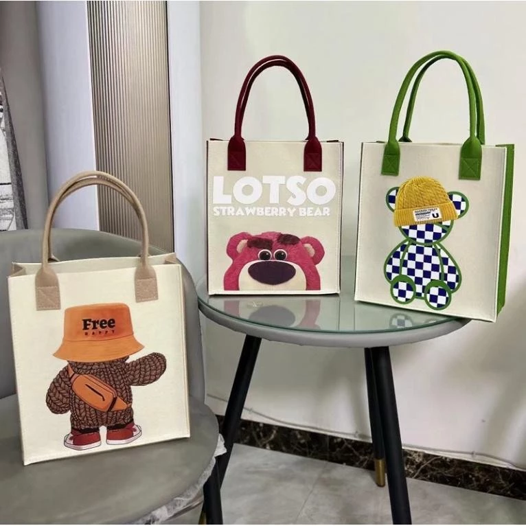 【Hwang】 Set 3 Túi Tote Đeo Vai Vải Nỉ In Hoạt Hình Gấu