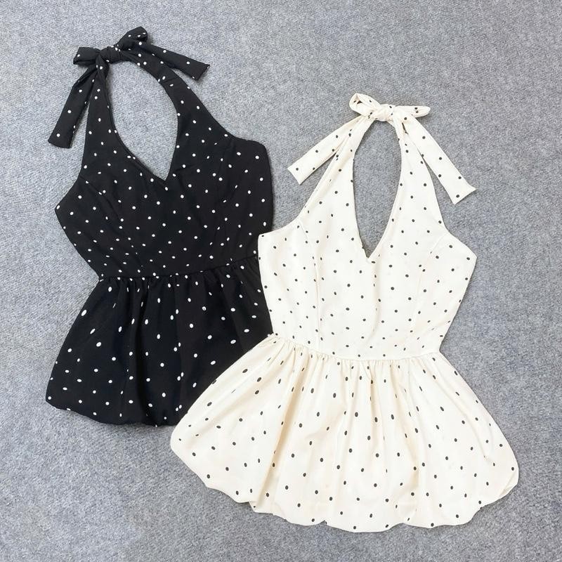 Áo bigsize nữ yếm cột nơ bí phồng nhẹ xinh xắn cho nữ chubby từ 55 ký đến 92kg chấm bi A193