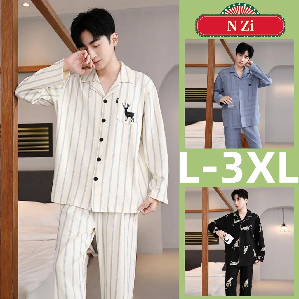 Bộ Đồ Ngủ Nam Plus Size Cotton Tay Dài Mùa Thu Đông, Phong Cách Tối Giản