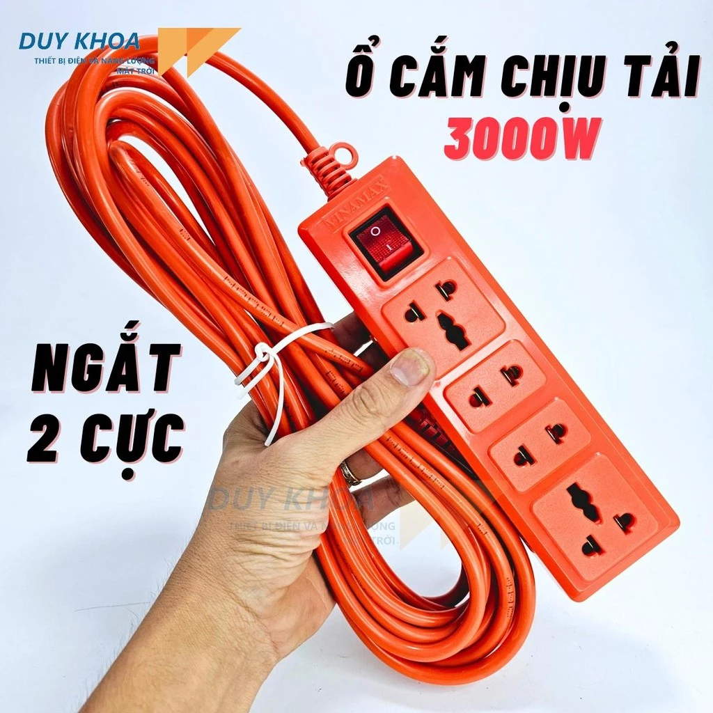 Ổ cắm điện chịu tải 3000W Lò xo đẩy Vinamax Công tắc ngắt 2 cực Dây 2,5m - 4,5m - 7,5m