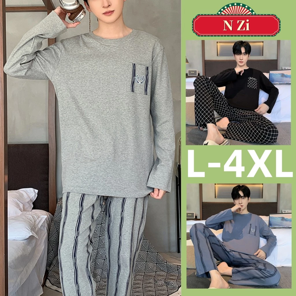 Plus size Pyjama Nam Cotton L-4XL Đồ Ngủ Người Mùa Thu Đông Tay Dài Bộ Đồ Ngủ Rời Loungewear