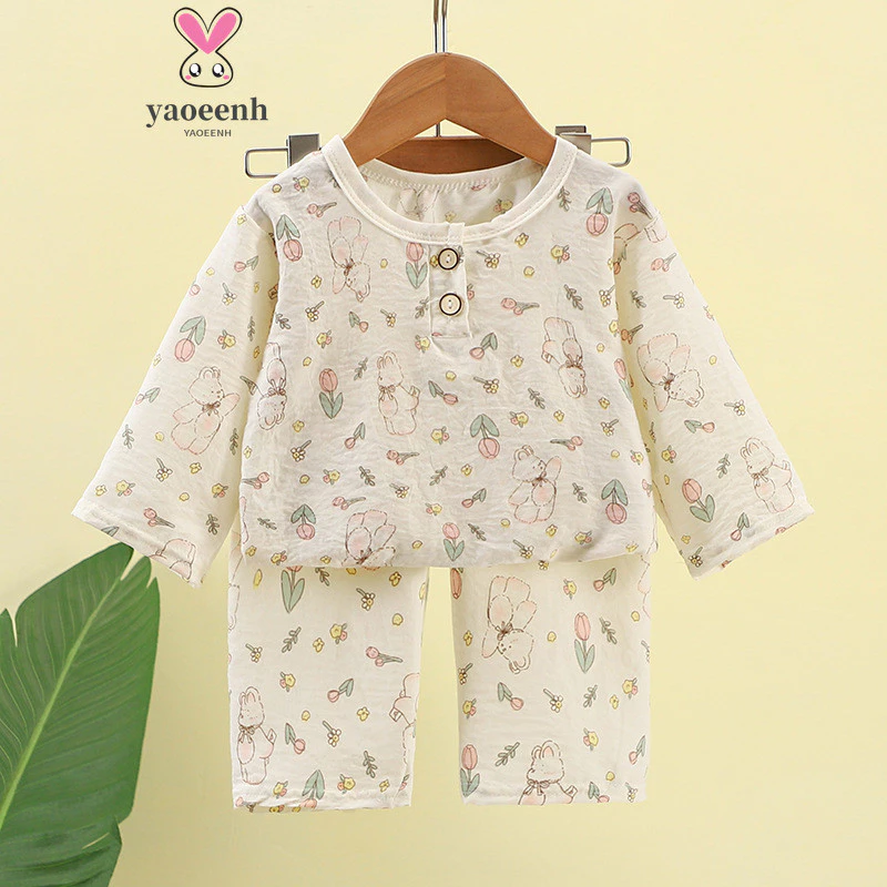 【YAOEENH】80-160cm Xuân Thu Bé Trai Bé Gái Giữa Tay Loungewear Phù Hợp Với Trung Lớn Trẻ Em Mây Cotton Mỏng Thường Ngày Điều Hòa Không Khí Quần Áo Bộ Đồ Ngủ Hàng Sẵn Có Vận Chuyển Nhanh