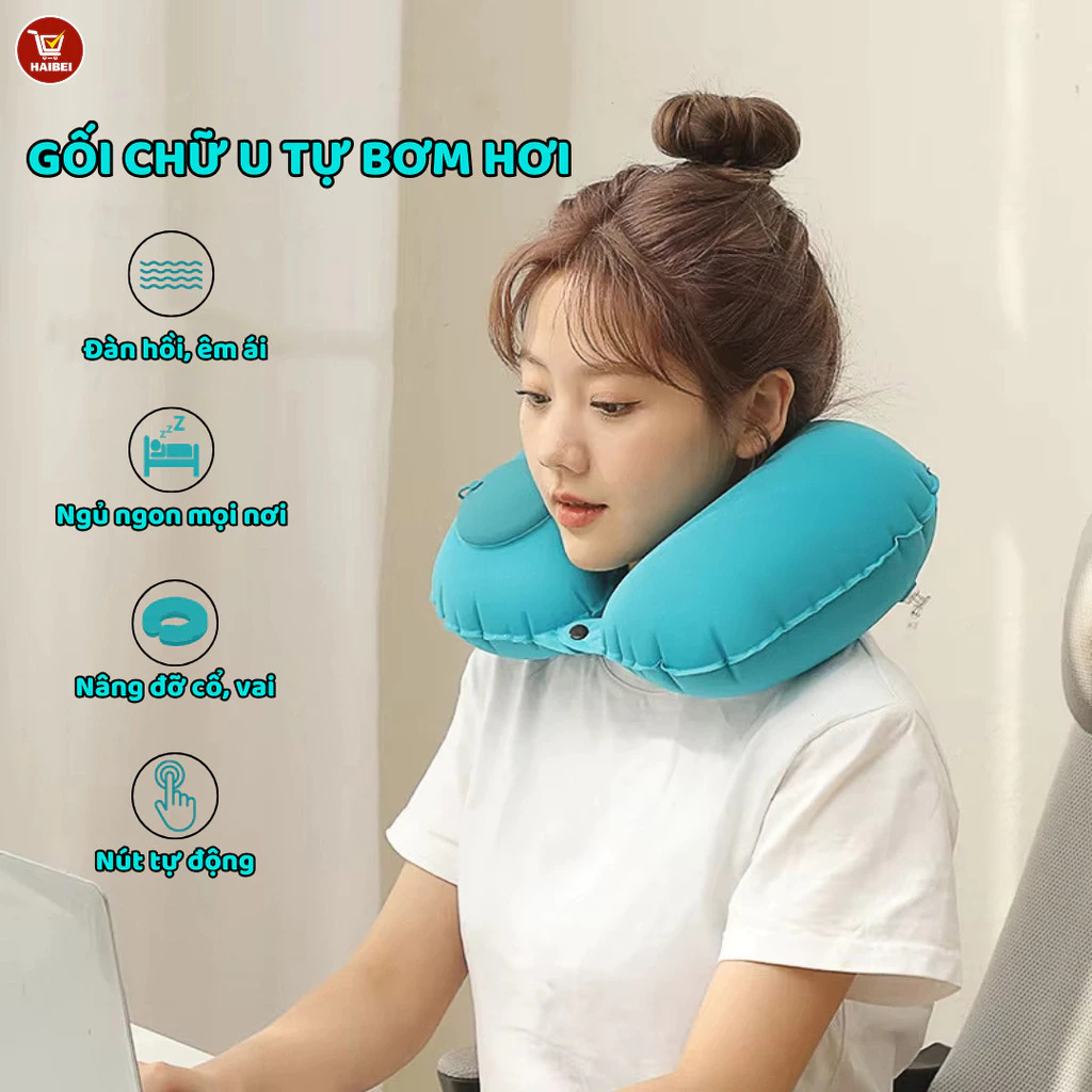 Gối chữ U bơm hơi gối cổ văn phòng, gối có thể gấp gọn, tiện lợi khi sử dụng trên ô tô du lịch