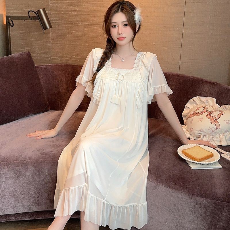 Bộ Đồ Ngủ Nữ Tay Ngắn Phong Cách Công Chúa với Ren Pháp và Lưới, Phù Hợp Mùa Hè, Thoải Mái Size Lớn
