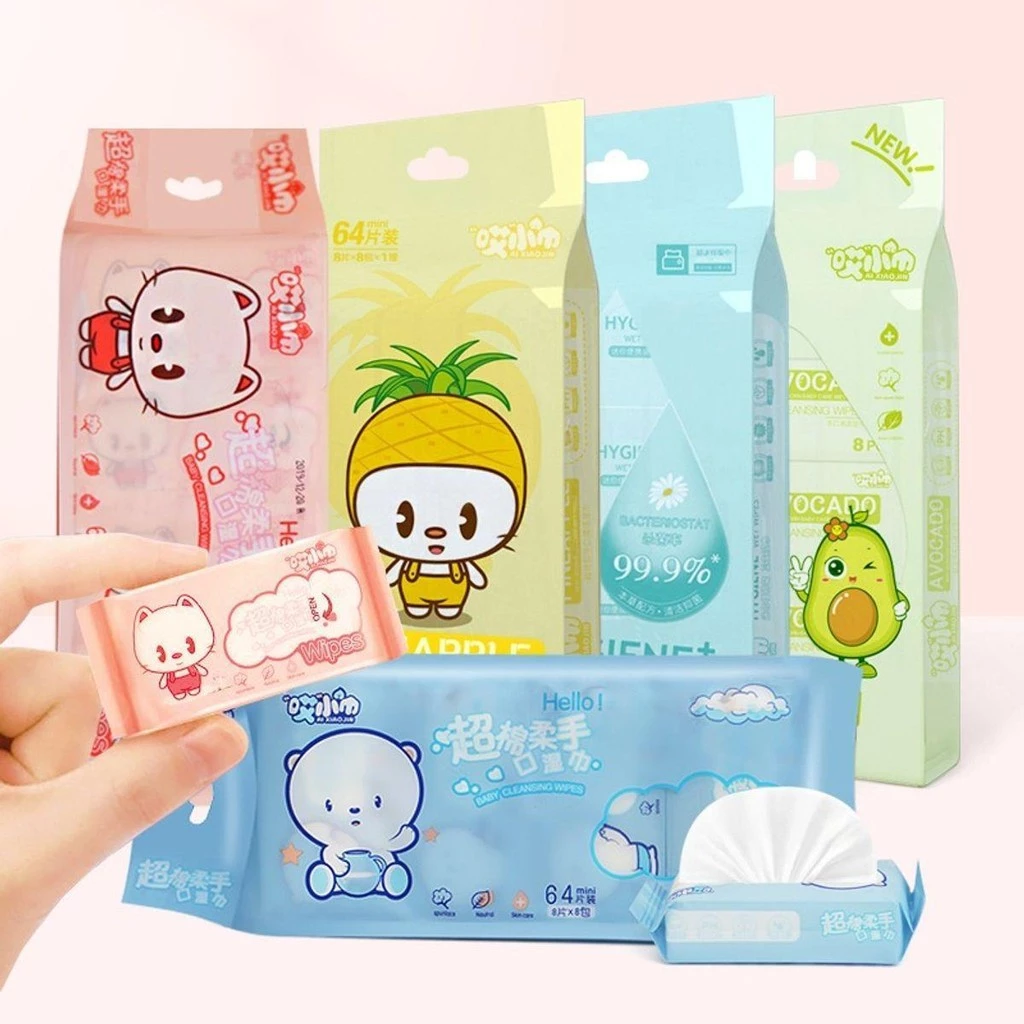 Set 8 Gói (64 tờ) Khăn Giấy Ướt Mini Dễ Thương Bỏ Túi Tiện Lợi, Khăn Giấy Ướt Đa Năng Không Mùi Khăn Ướt Cho Bé
