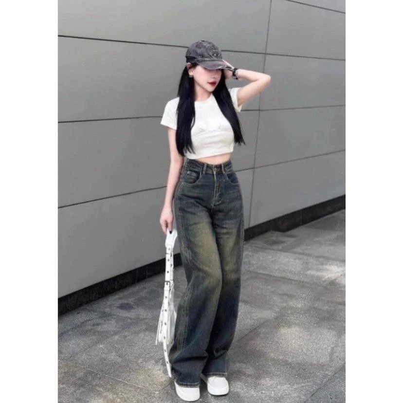 Quần jeans nữ ống rộng may viền chắp thân cực xinh xắn hot trend