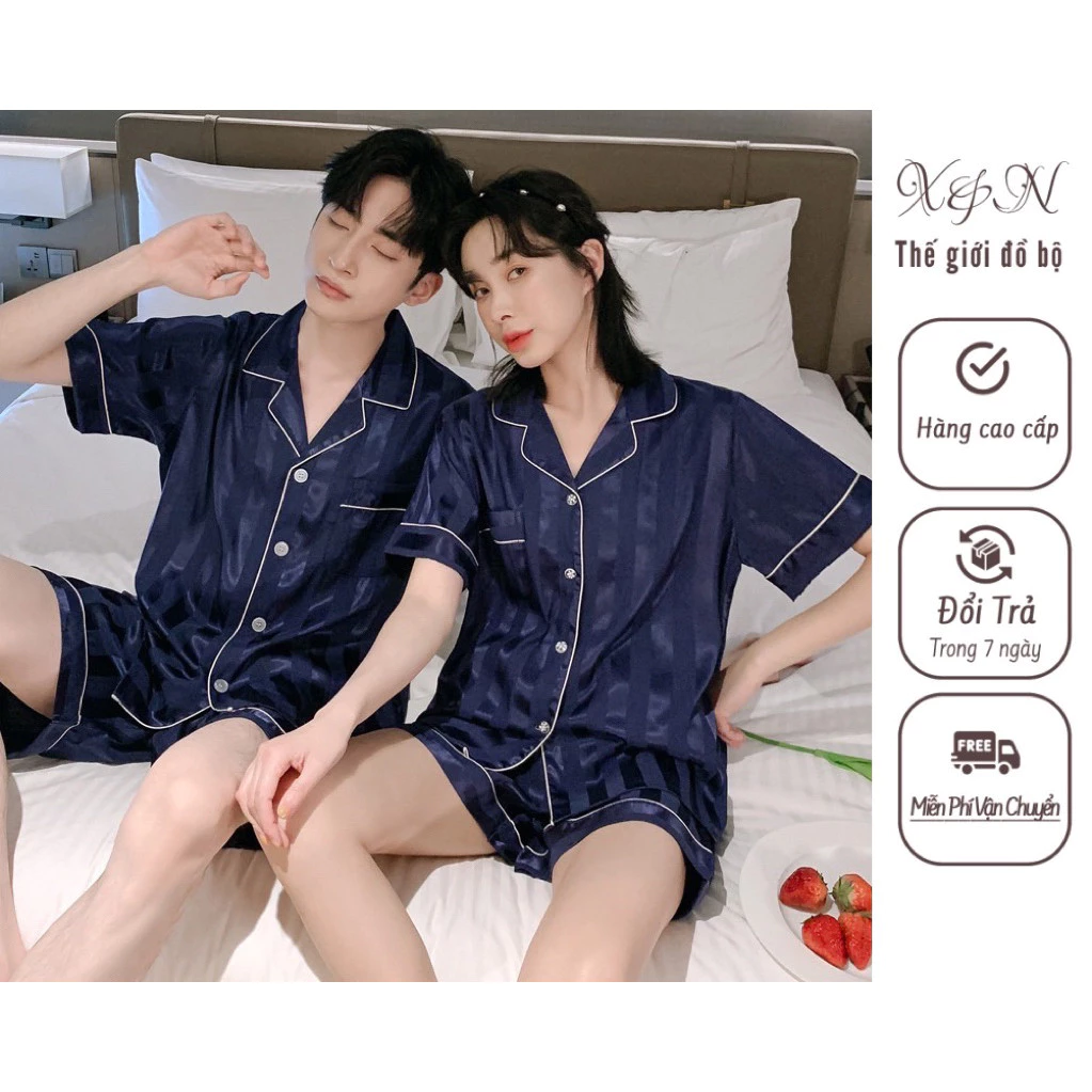 Bộ quần áo ngủ,bộ lụa mặc nhà nam nữ quần đùi áo cộc kẻ sọc có viền sz từ 40-85kg