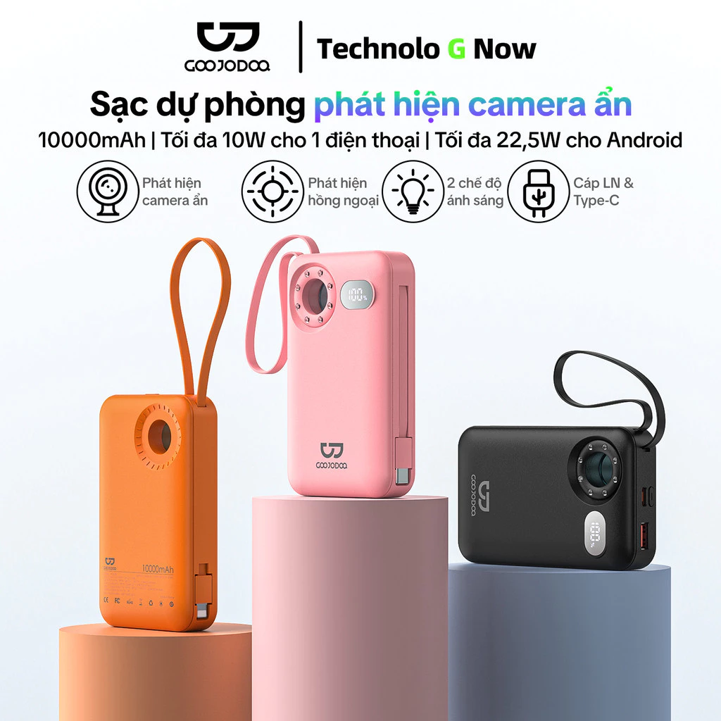 Pin dự phòng có dây GOOJODOQ 10000mAh có chức năng phát hiện camera, an toàn và di động，Type-c Sạc
