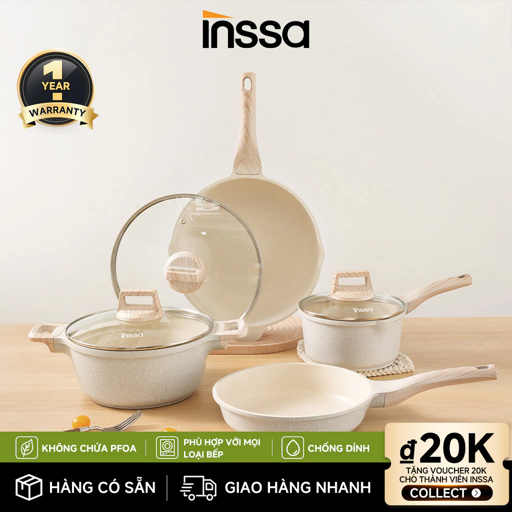 Inssa Bộ Nồi Chảo Chống Dính 4 Món Dòng Vanilla Ice Cream Kích Thước Size 18-24-28cm GUOJ030 - Bảo Hành 1 Năm