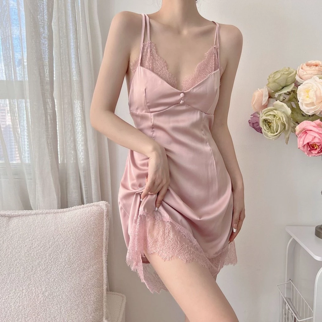 Sẵn sàng - Bộ đồ ngủ nữ sling gợi cảm plus size, băng lụa và ren thoáng mát theo xu hướng Hàn Quốc