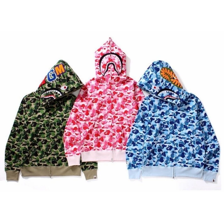 [HOT*] Áo Hoodie kéo dây cá mập BAPEe mới cho cặp đôi nam nữ, áo khoác ngụy trang màu xanh phong cách trẻ trung.