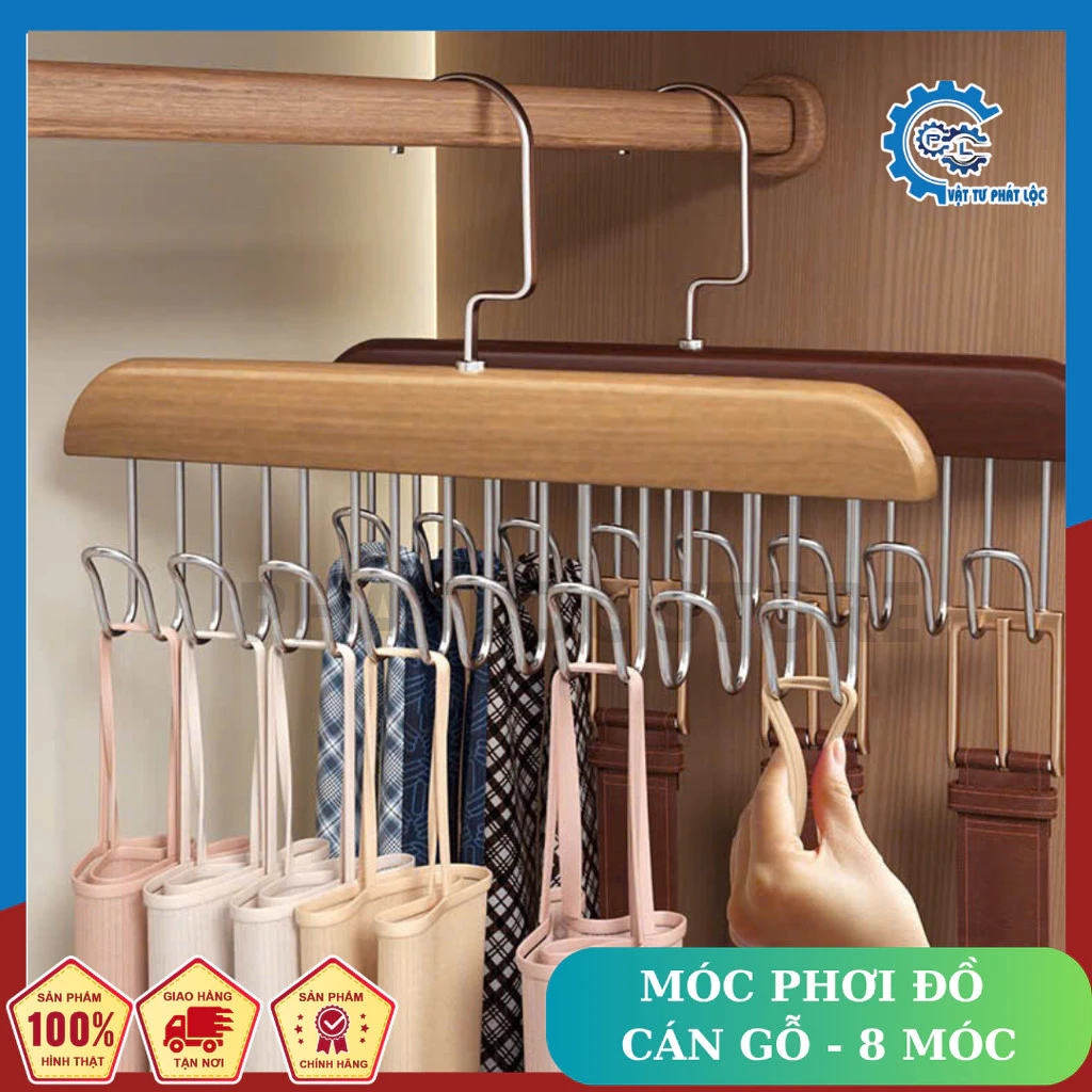 Móc Gỗ  8 móc treo, cán gỗ, móc inox Treo Đồ Lót, Khăn, Thắt Lưng, Cà Vạt, Áo 2 Dây Đa Năng Tiện Dụng