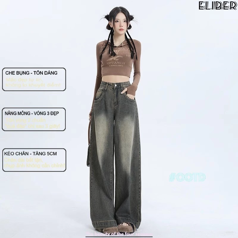 ELIBER- Quần Bò Lau Sàn Dễ Phối Rộng Rãi Tôn Dáng Gầy Ống Đứng Cạp Cao Mẫu Mới Ống Rộng Nữ