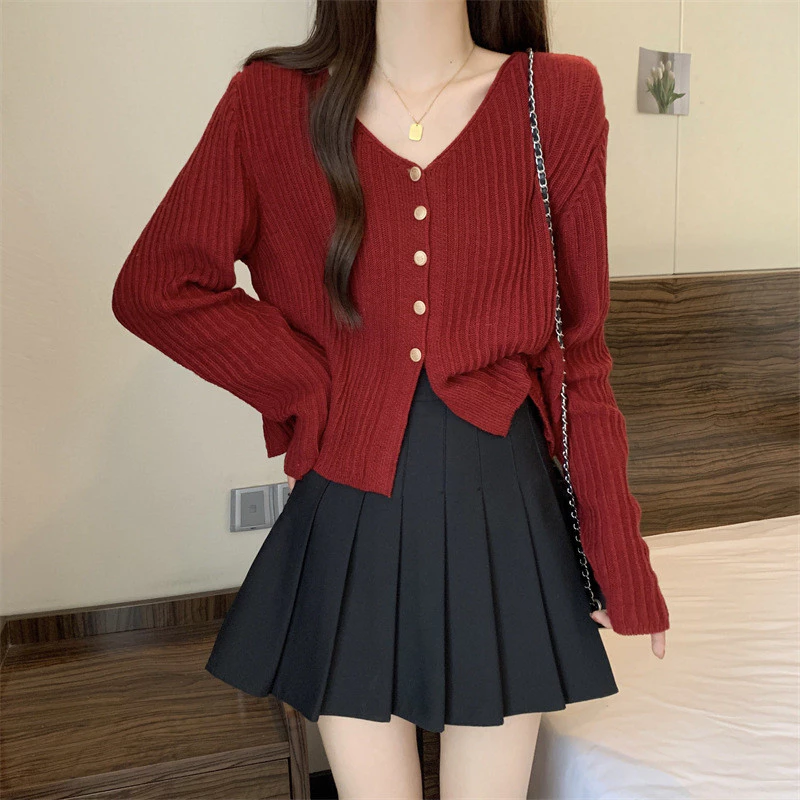 YAYUAN Dài tay đan cardigan nữ màu đỏ