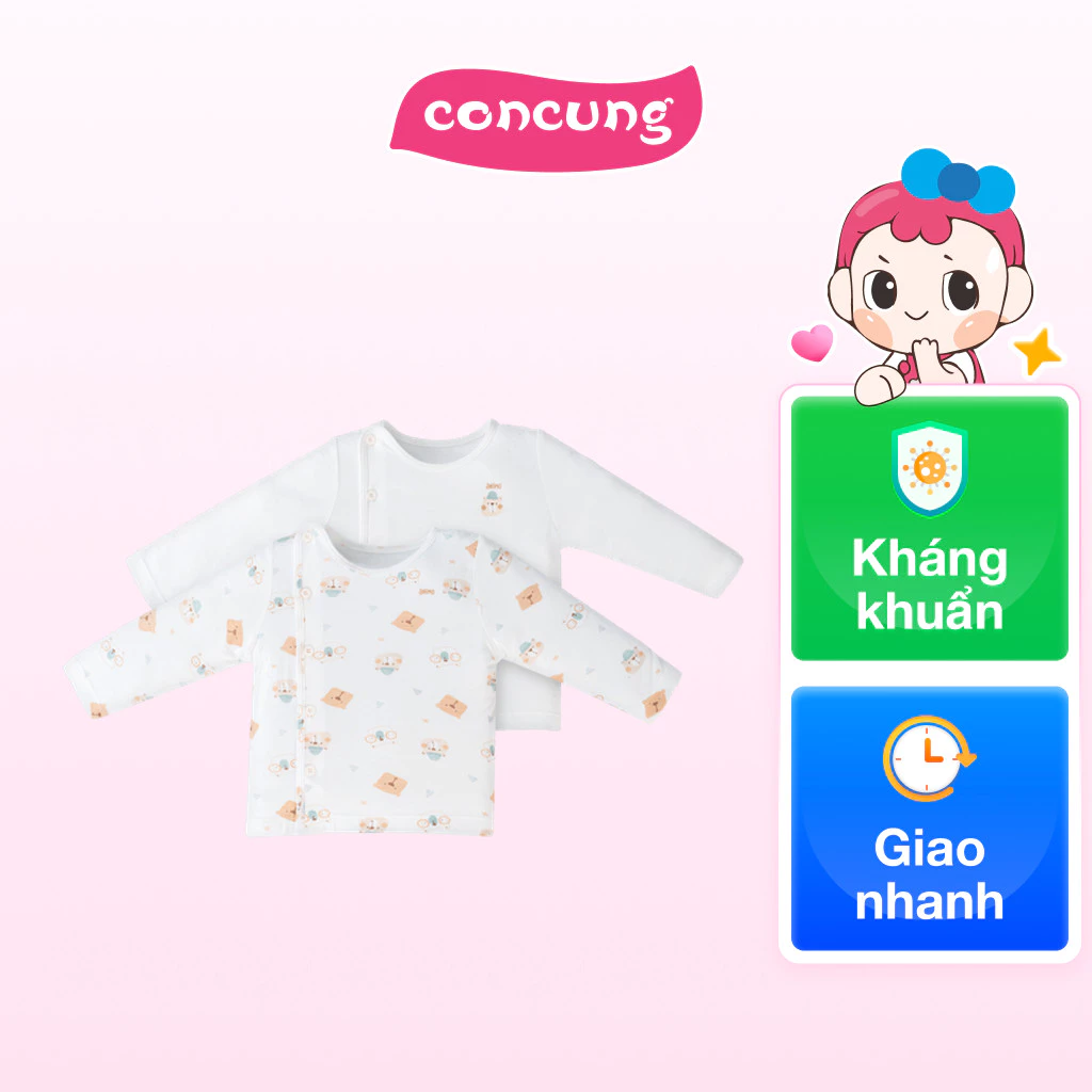Set 2 áo sơ sinh cài chéo tay dài Animo Easy KV0724004 (0-3M,Trắng-HT Gấu)