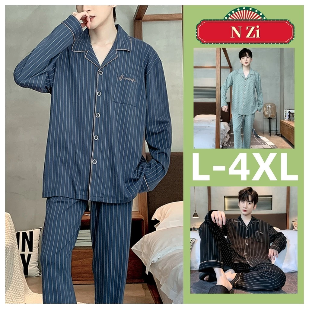 Plus Kích Thước Bộ Đồ Ngủ Nam Cotton L-4XL Bộ Đồ Ngủ Người Mùa Thu Sọc Dài Tay Bộ Đồ Ngủ Giải Trí Loungewear