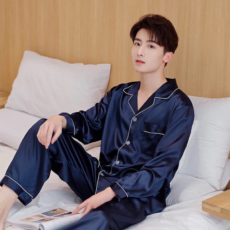 Đồ ngủ lụa pijama nam nữ dài tay trơn xanh viền trắng mặc nhà