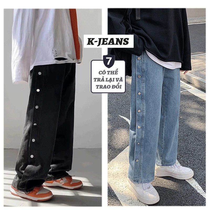 K-JEANS Quần jean nam ống rộng đen Quần ống rộng nam Cái Nút quần baggy nam dáng rộng Phong Cách Retro Chất Jean Dày Dặn Cá Tính Form suông cao cấp mềm mại hottrend