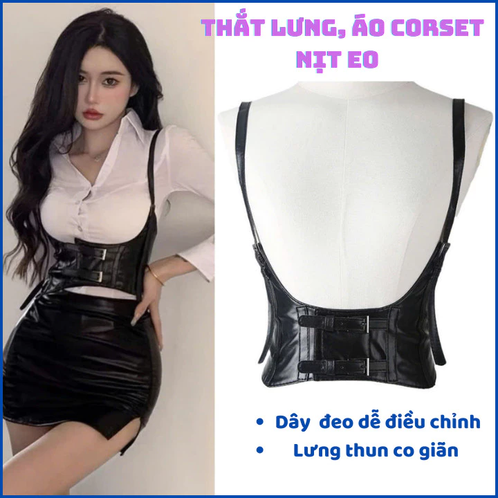 :Đai nịt, thắt lưng da định hình eo, nâng ngực, áo nịt corset Gile có quai điều chỉnh Vintage OLL352