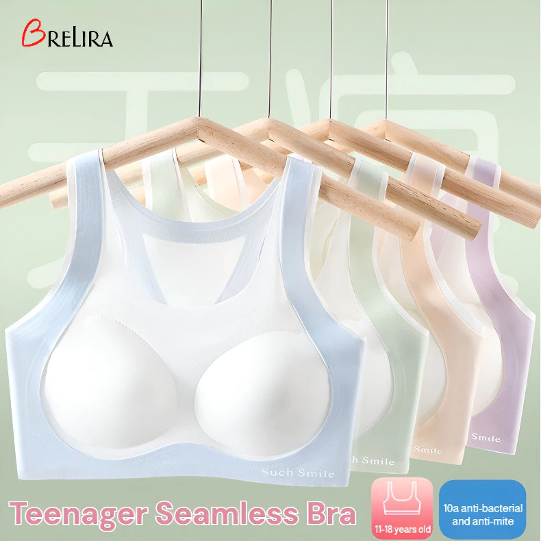 『 Brelira 』 Áo ngực tập luyện cho bé gái 11-18Y Không dây liền mạch Hỗ trợ tư thế làm mát bằng lụa băng thoáng khí Đồ lót lưới mềm mại Áo ngực đầy đủ cốc