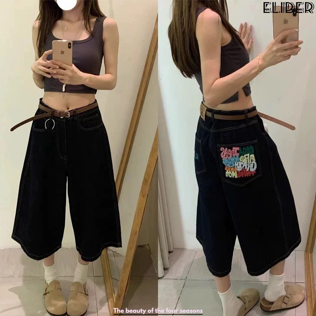 ELIBER- Quần Jeans Nữ 7 Phần Ống Rộng - In Màu Phong Cách Street-style Mỹ - Hàng Mới Thoải Mái