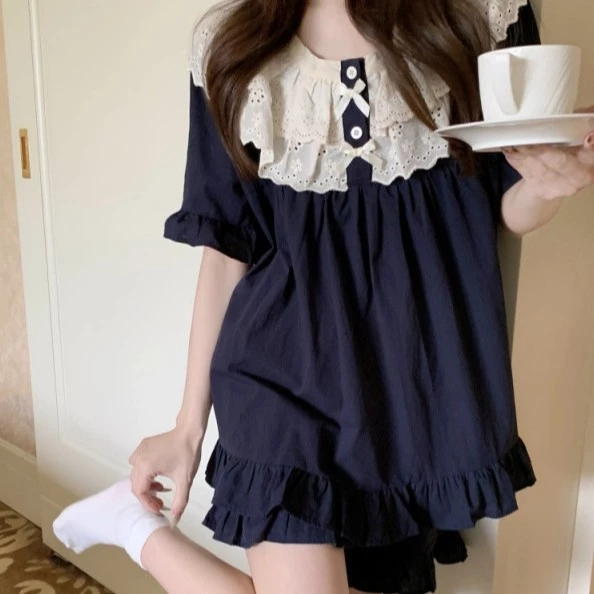 [SẴN] 827_ Bộ ngủ nữ, pijama ngắn tay chất cotton dáng babydoll màu xanh than | Hàng QCCC | 9scat