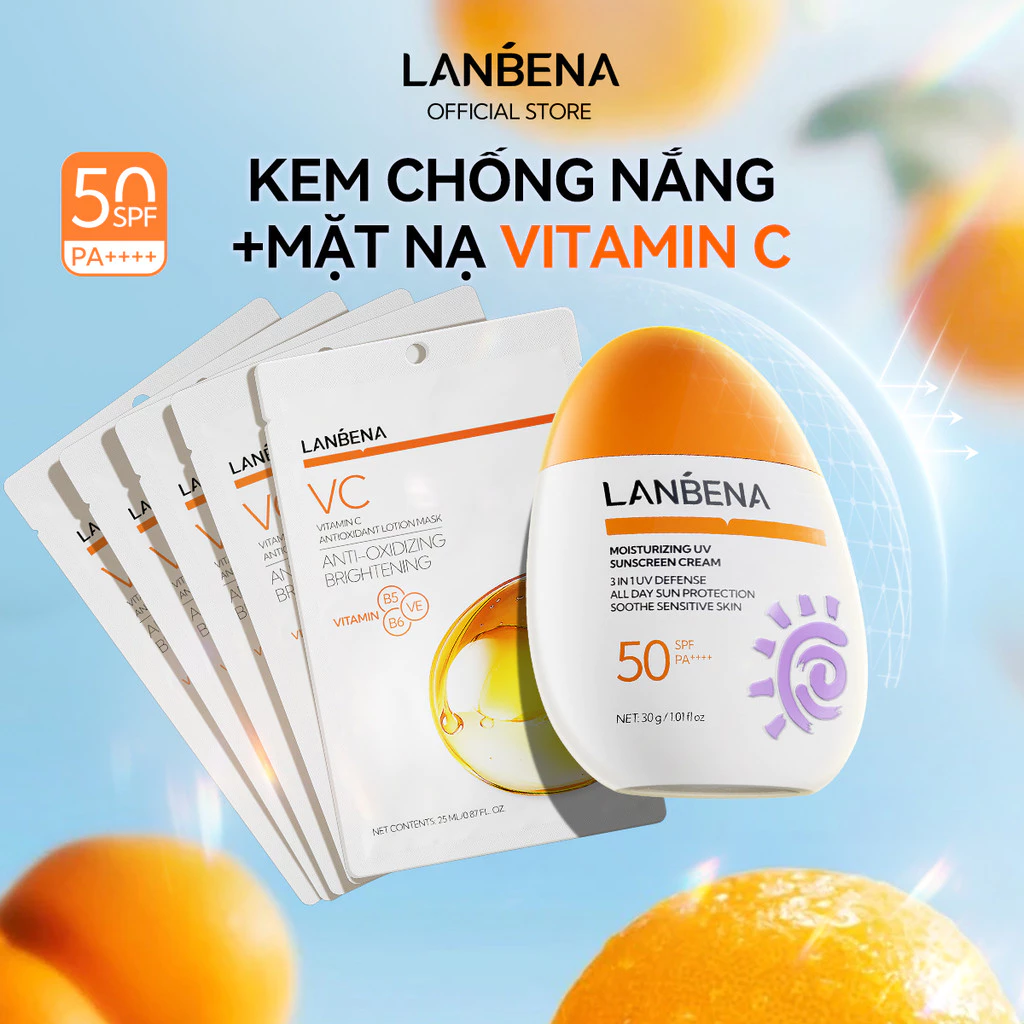 LANBENA Combo⚡️Kem chống nắng (30g+5pcs)UVB UVA SPF50+ PA++++ 30ml NGOÀI TRỜ CHỐNG NẮNG CAO CẤP CHO+5PCS MẶT NẠ DƯỠNG ẨM CHỐNG OXY HÓA VITAMIN C Skincare