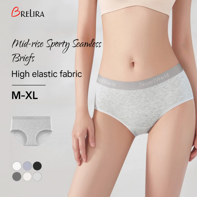 『Brelira』Pure Cotton Panties Mid Waist Seamless High Elasticity Panty Women Antibacterial Sports Underwear Breathable ​​Briefs​​