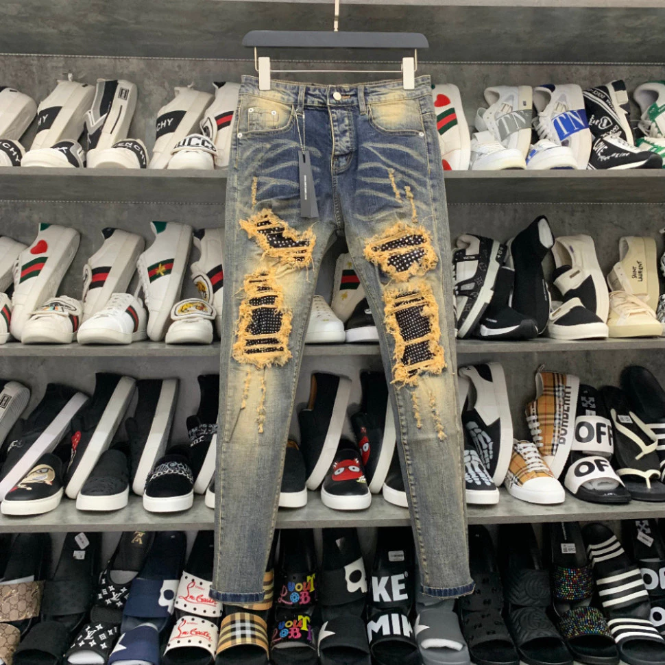 Quần jean bò nam slimfit xanh bụi rách xù to đùi gối vá vải đính đá bạc 4 cúc boy phố HOT TREND 2024
