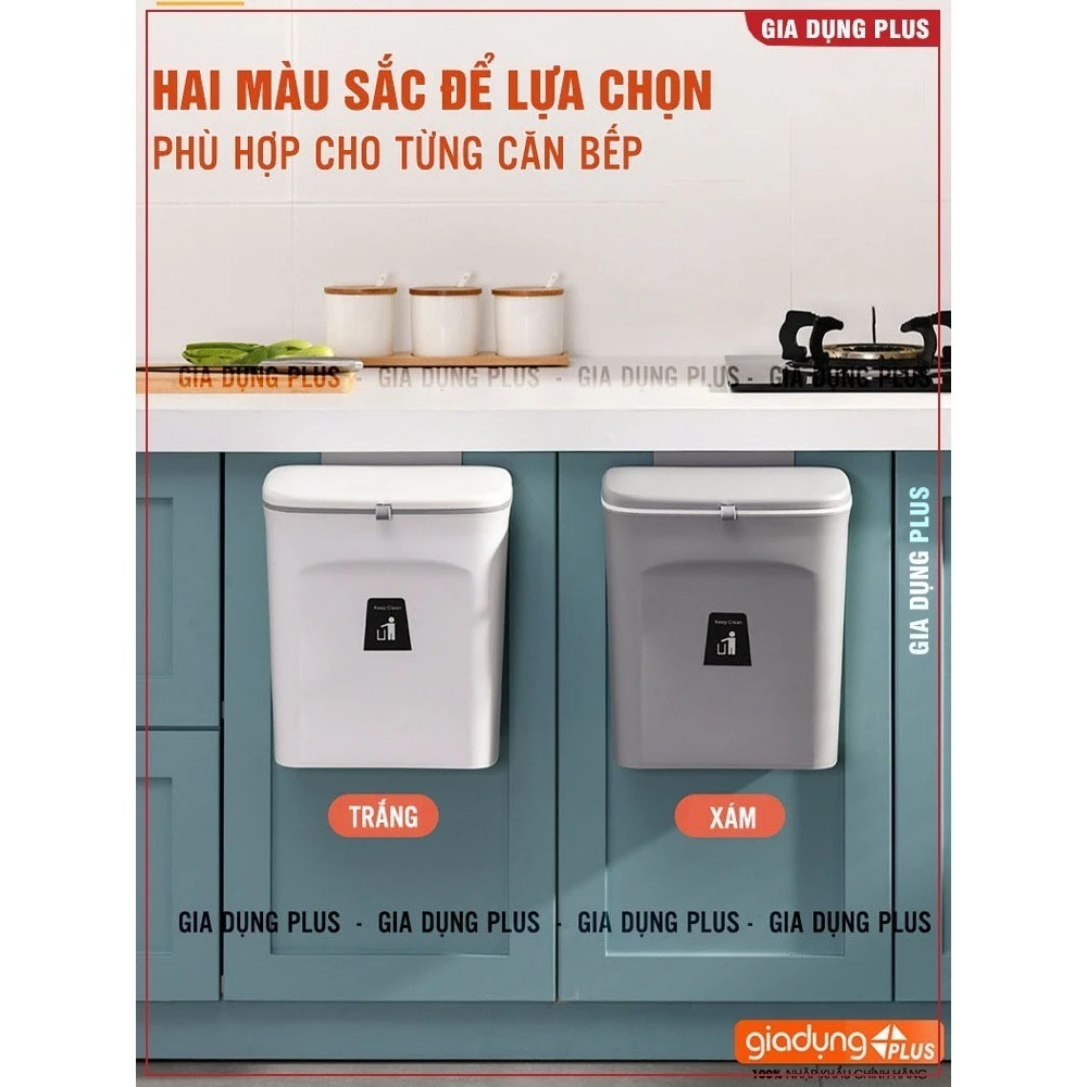 Thùng rác treo tủ bếp 7,5L, thùng rác nắp lật nắp đậy thông minh đậy kín bằng nhựa PP cao cấp (có ruột & quai xách)