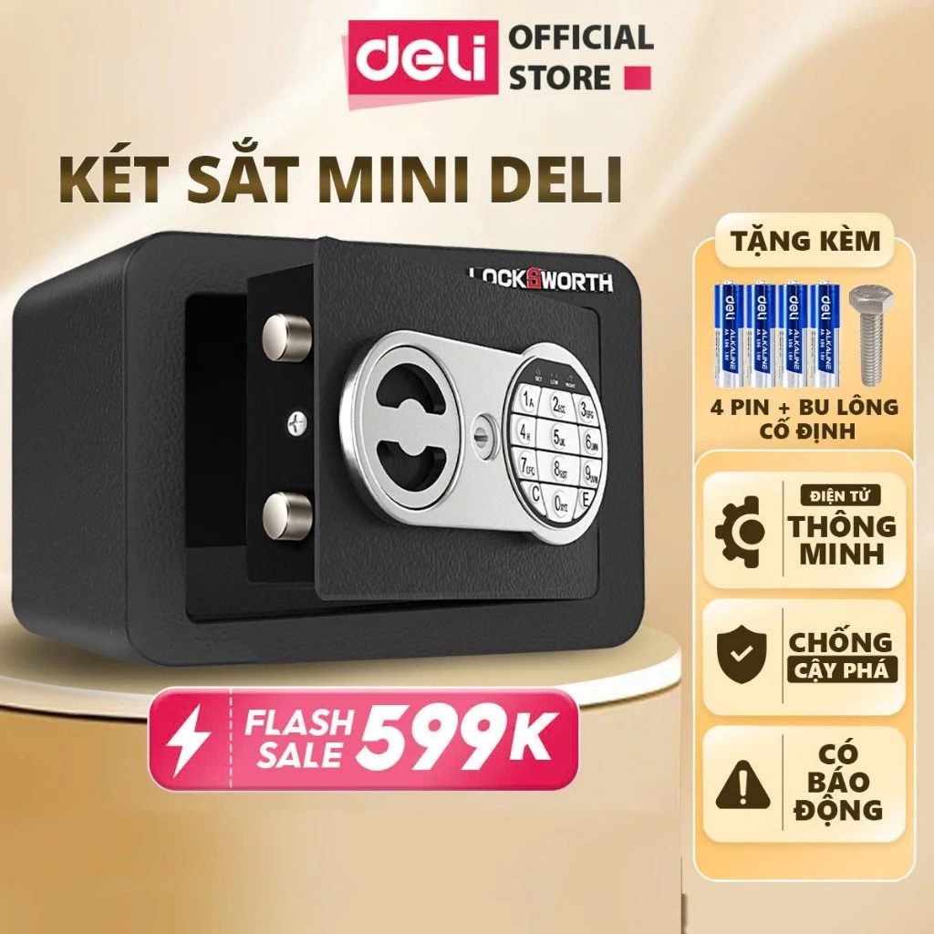 Két Sắt Điện Tử Mini Deli 2 Phương Thức Mở Khóa Bảo Mật Cao Két Sắt An Toàn Chống Cháy Bảo Vệ