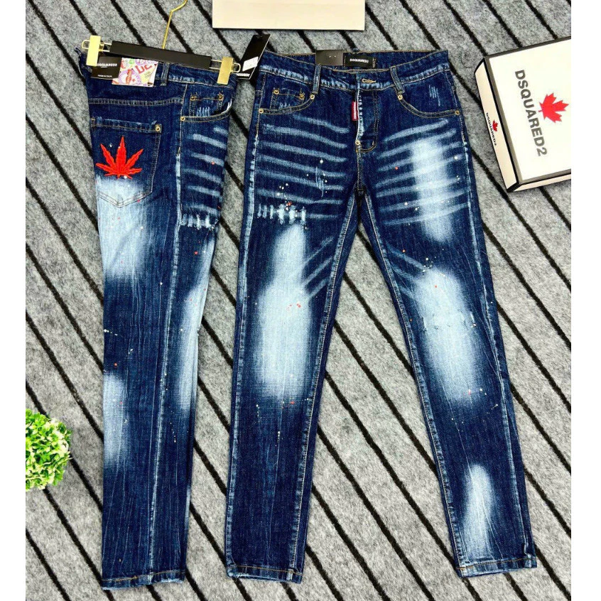 quần bò jean nam dài xanh đen rách gối vẩy sơn thêu lá phong cá tính đẹp,chất jean dày form tôn dáng giá tốt