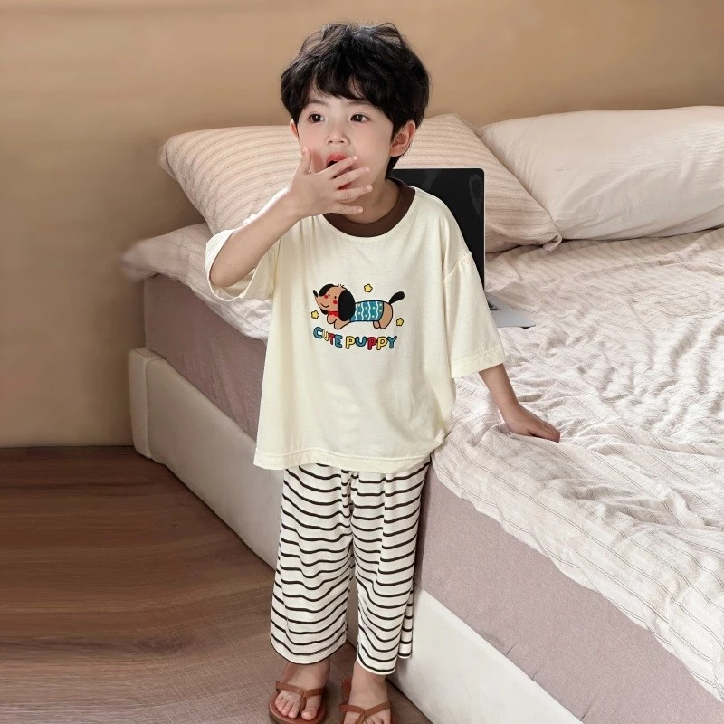 Bộ đồ ngủ lụa băng Modal mùa hè cho bé trai-Quần ngắn tay thường ngày Hoạt hình Đồ mặc nhà cho bé
