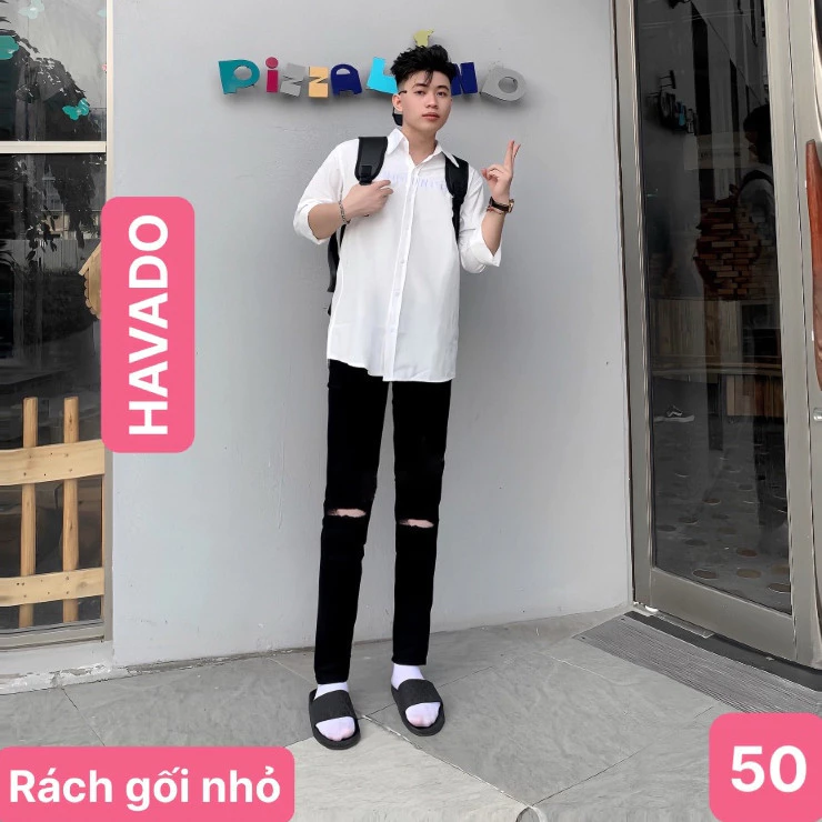 Quần jean nam rách gối màu đen trơn chất bò cao cấp co dãn 4 chiều đẹp form dáng skinny boy phố Havado50 mẫu mới
