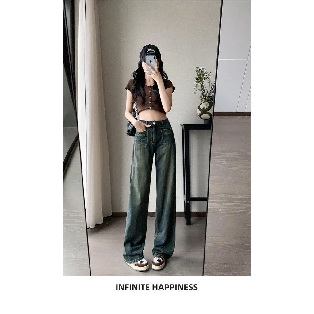 Quần jeans nữ ống rộng , quần bò nữ xuông ống rộng hai túi dán đằng trước thông thường •size l (từ 48 đến 54kg)