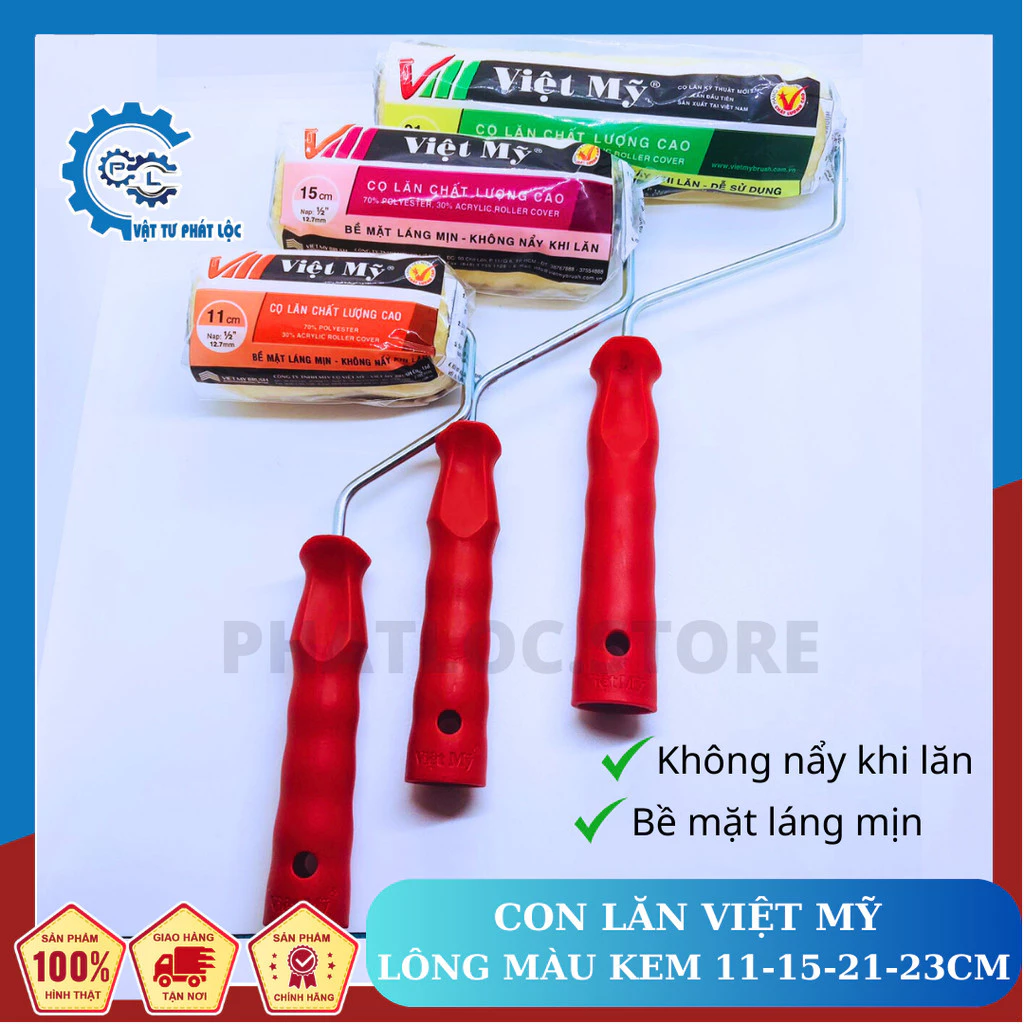 Cọ lăn Việt Mỹ đủ size- Con lăn Việt Mỹ lông màu vàng 11cm-15cm-21cm-23cm cán màu đỏ