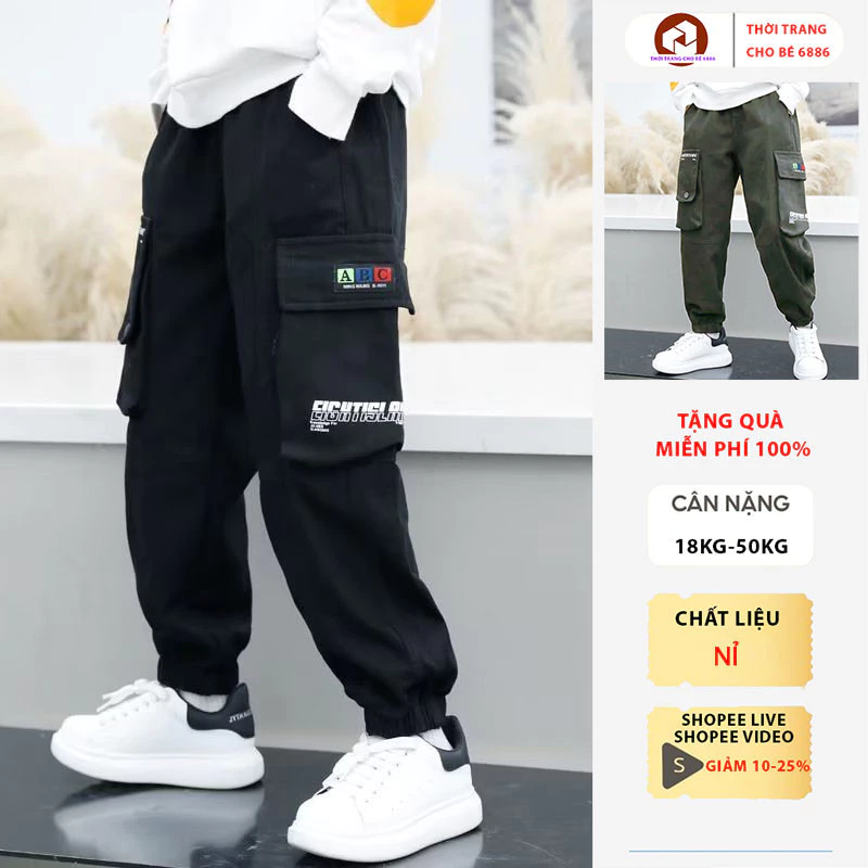 Quần dài thu đông bé trai, quần túi hộp thời trang cho bé trai size 18-52kg mẫu ABC chất nỉ dày dặn, quần bé trai