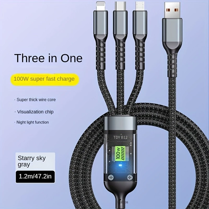 100W rõ ràng ánh sáng 3 trong 1 dữ liệu 6A siêu sạc nhanh cho Android cho Apple một kéo ba sạc cáp