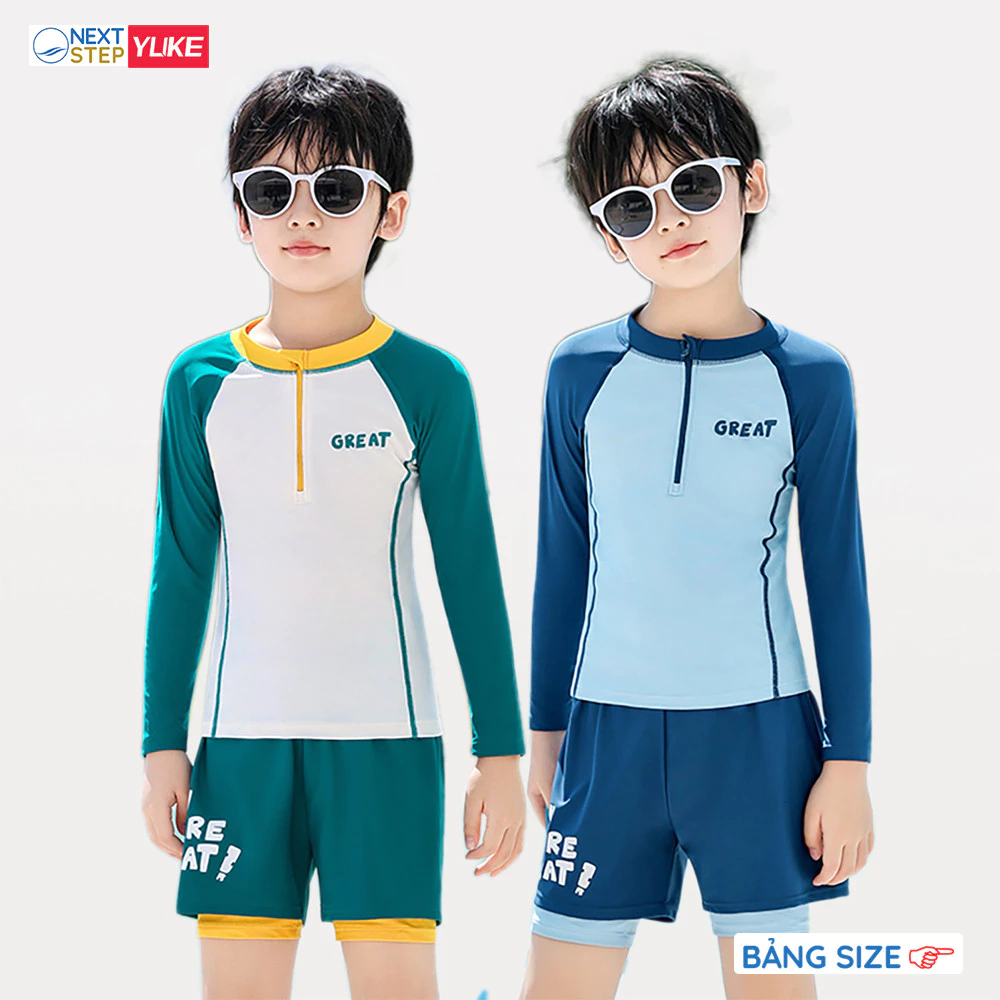 Đồ bơi bé trai tay dài hiệu YUKE chất vải mềm mại co dãn 4 chiều thể thao bơi lội tắm biển size cho bé đến 45kg