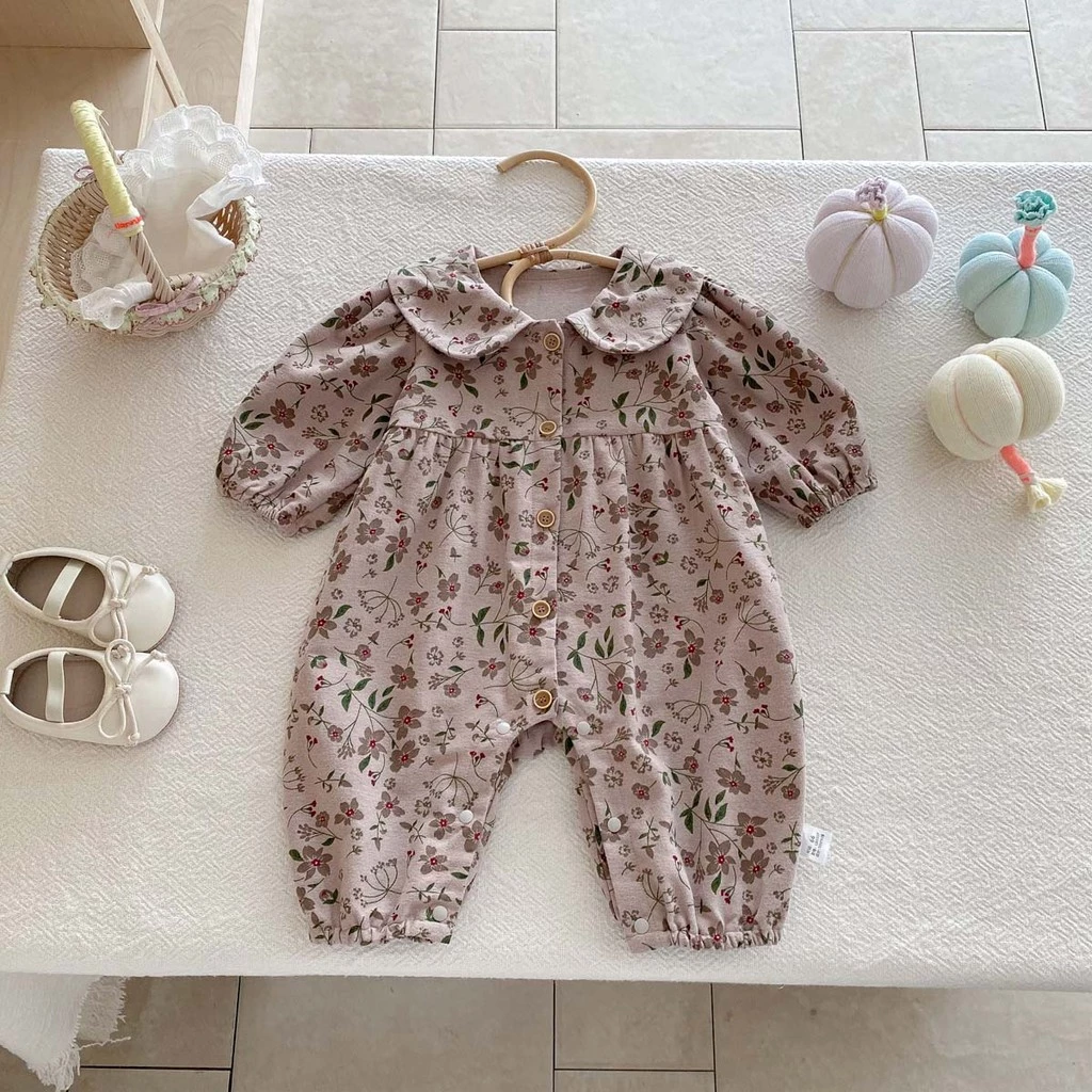 Áo liền quần cho bé mùa thu họa tiết hoa Áo liền quần dài tay 0-2 tuổi Quần áo trẻ em
