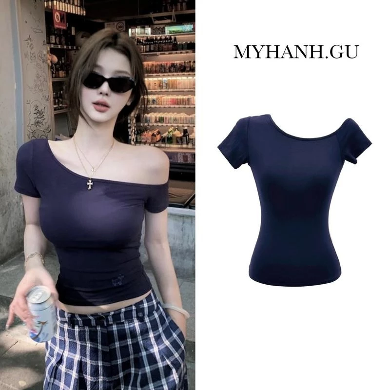 Áo thun ôm lệch vai 1 bên tay ngắn basic đơn giản dễ mặc ( 0A15) -MYHANH.GU