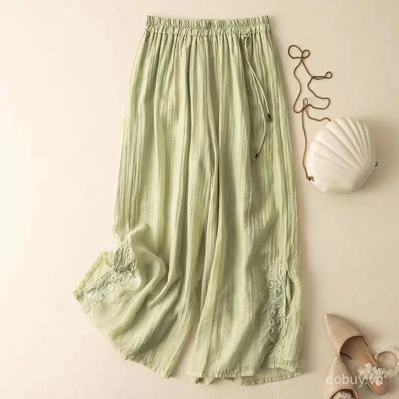 Quần vải lanh cotton mỏng co giãn dành cho nữ, họa tiết thêu retro, phù hợp mùa hè 2025